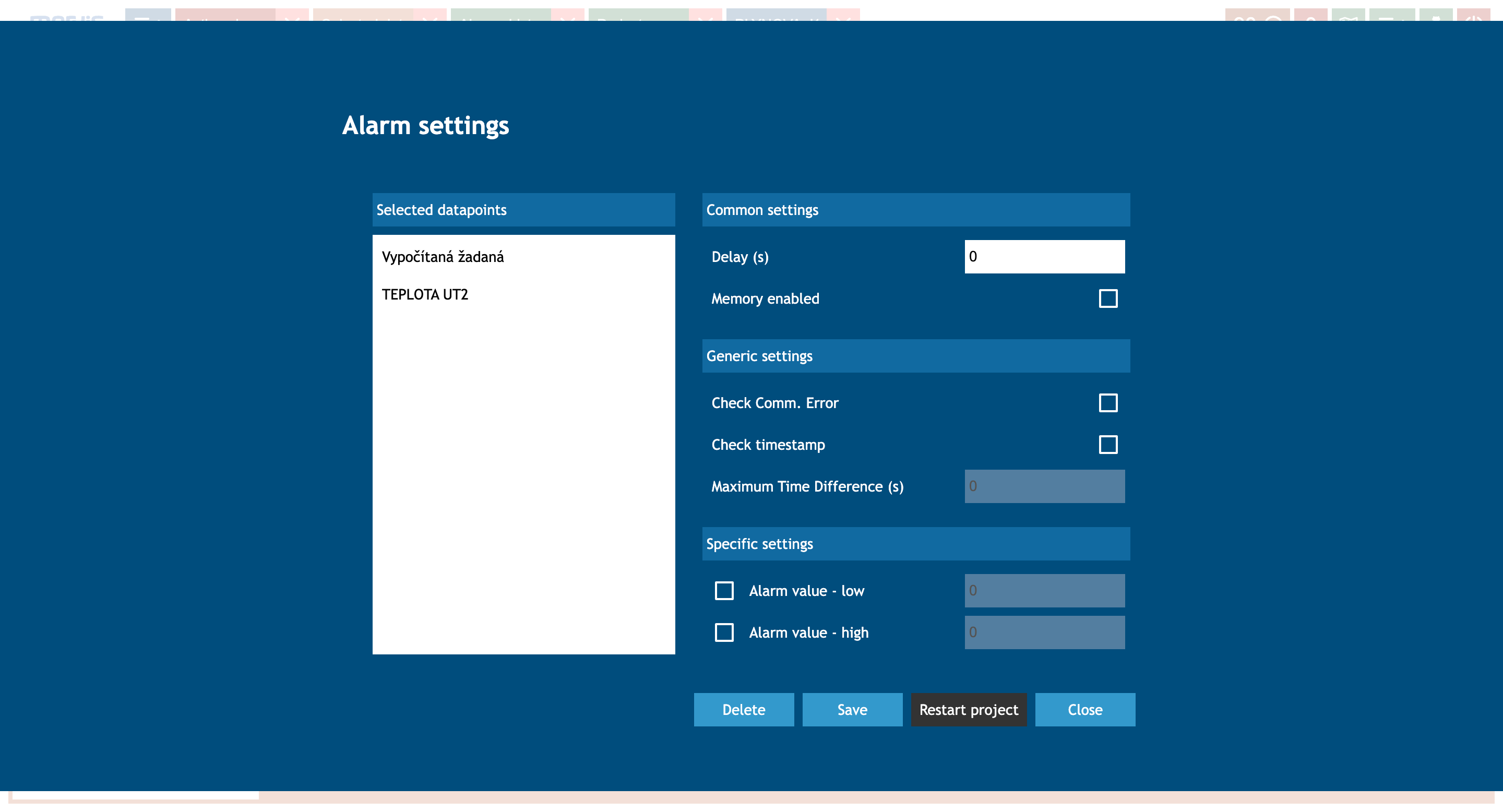 Mervis SCADA Alarm Settings