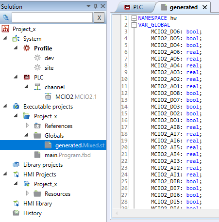 Generated variables in the Mervis IDE ST Editor