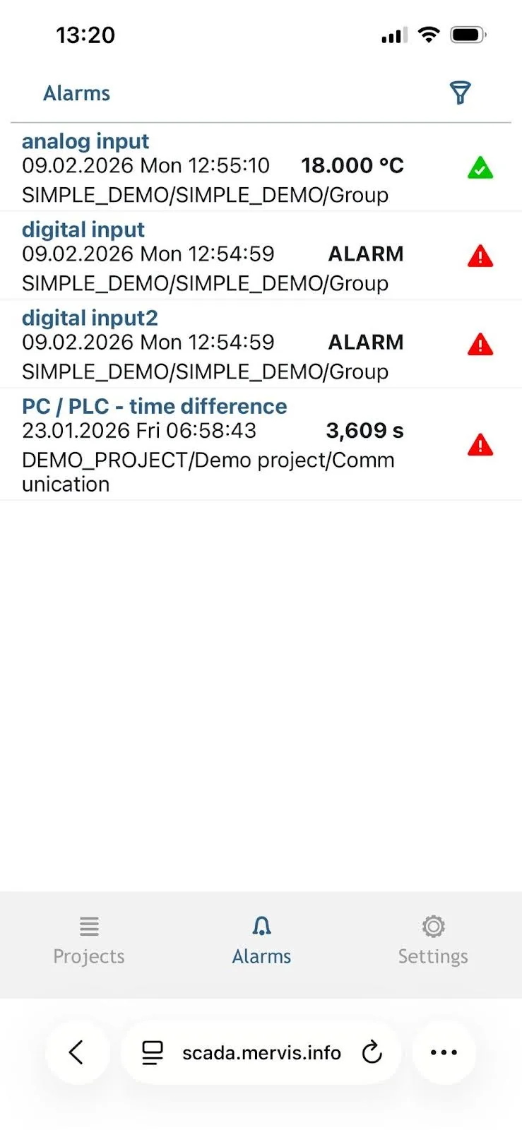 Mervis Mobile Alarms View
