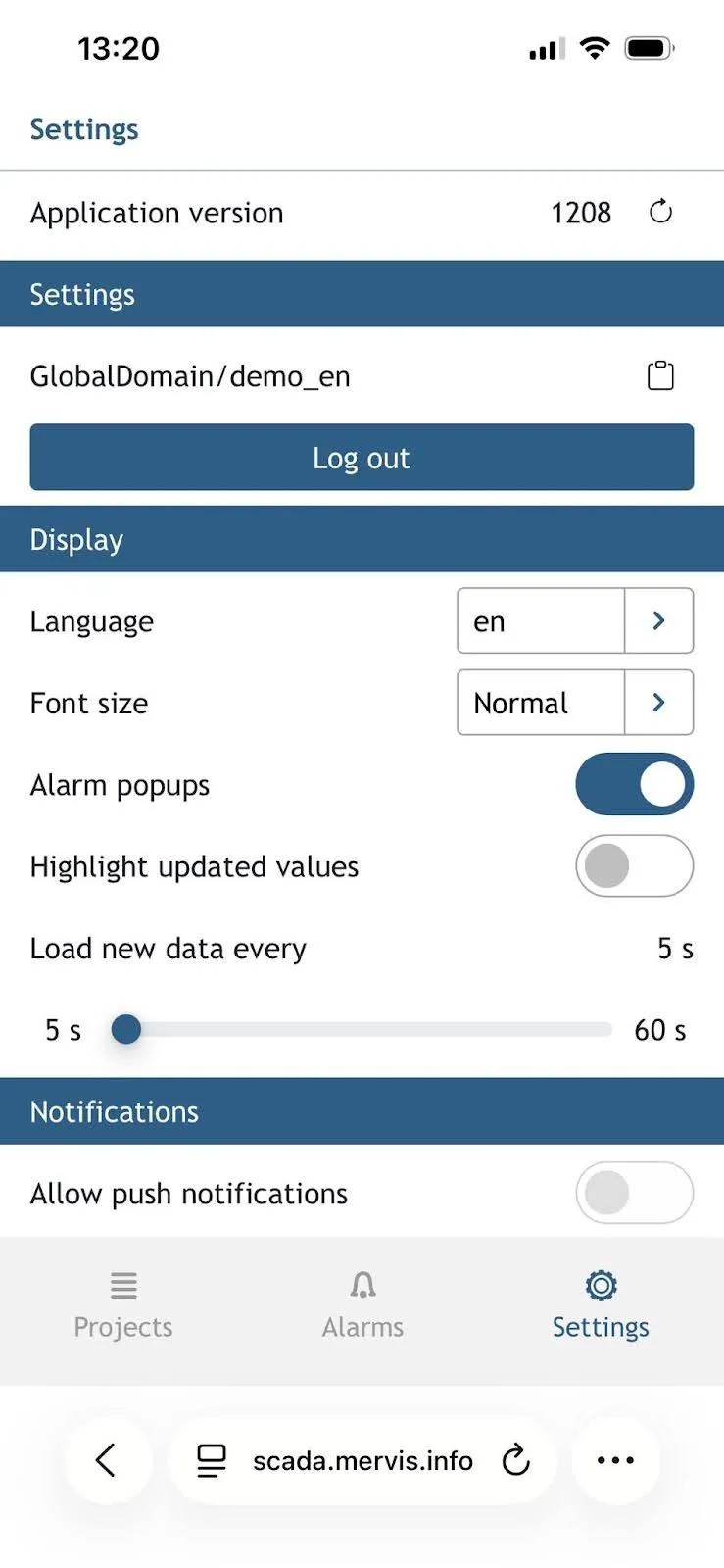 Mervis Mobile Settings View